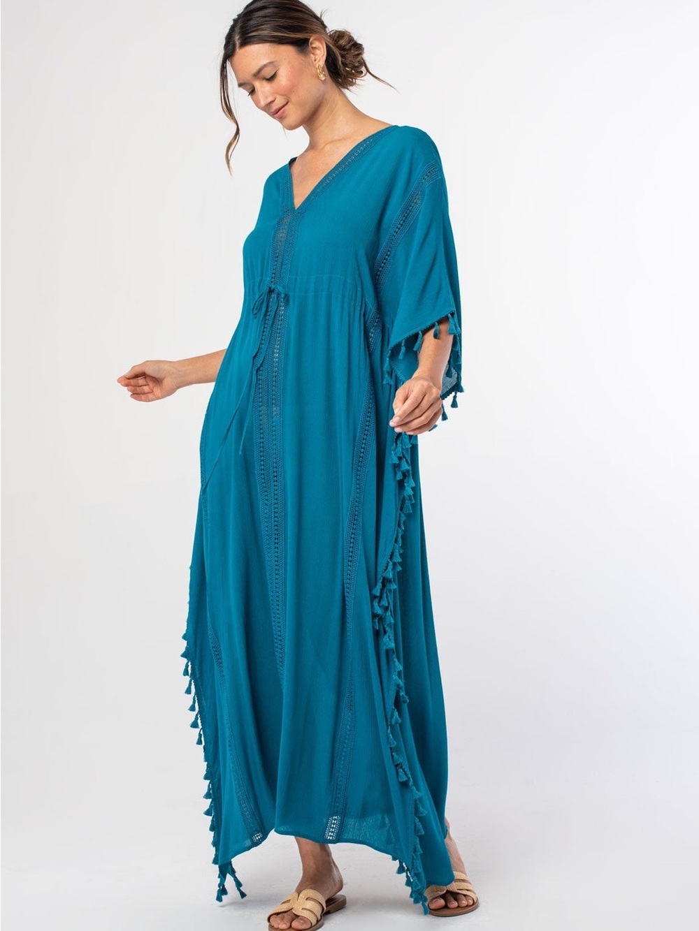lovestitch Teal Kaftan Blue Tassels Caftan Maxi Dress v-neck - tie waist M/L